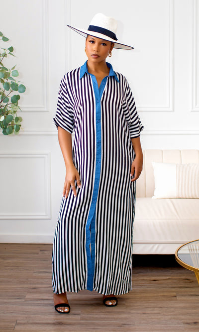 Jovique Striped Button-Down Maxi Shirt Dress - Cutely Covered