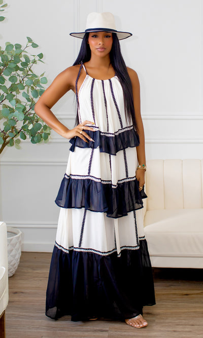 Emory Tiered White Maxi Dress with Black Accents - Cutely Covered