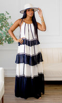 Emory Tiered White Maxi Dress with Black Accents - Cutely Covered
