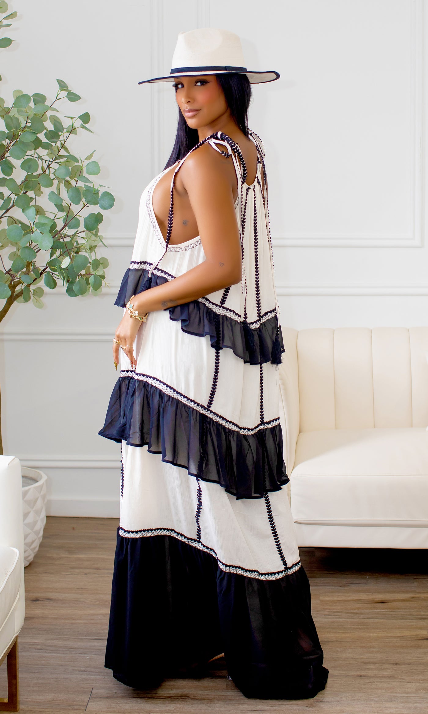 Emory Tiered White Maxi Dress with Black Accents - Cutely Covered