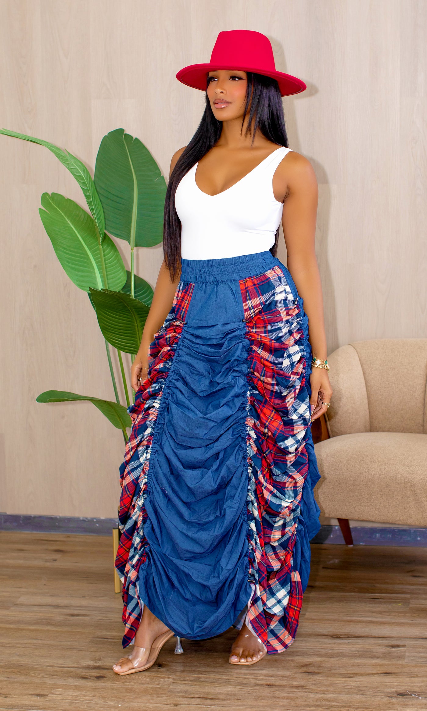 Hattie Denim Toggle Skirt with Checkered Side Panels - Cutely Covered