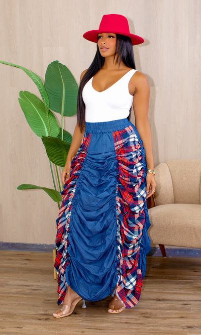 Hattie Denim Toggle Skirt with Checkered Side Panels - Cutely Covered