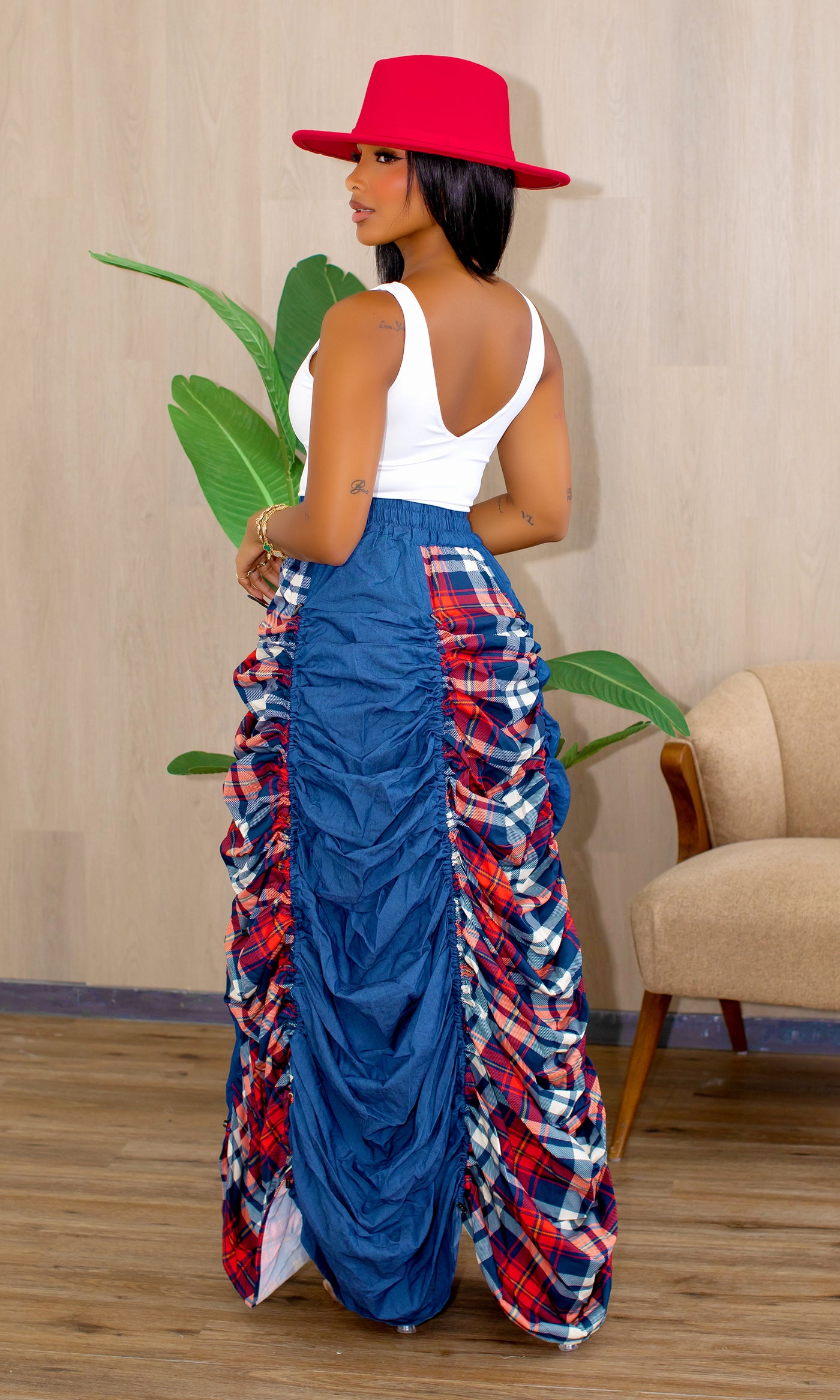 Hattie Denim Toggle Skirt with Checkered Side Panels - Cutely Covered