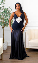 Loma Maxi Dress with 3D White Flower - Black - Cutely Covered