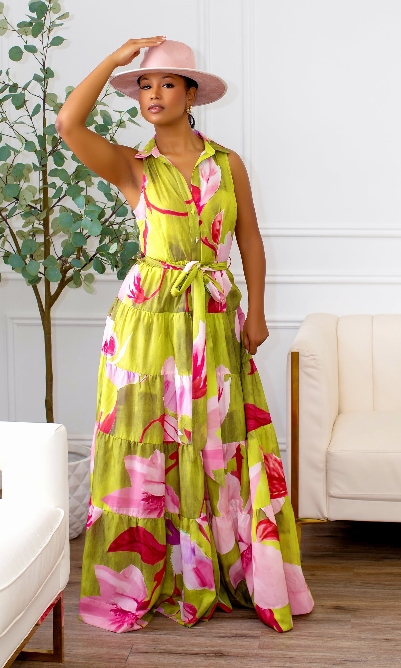 Astrid Floral Tiered Maxi Dress -Lime Multi - Cutely Covered