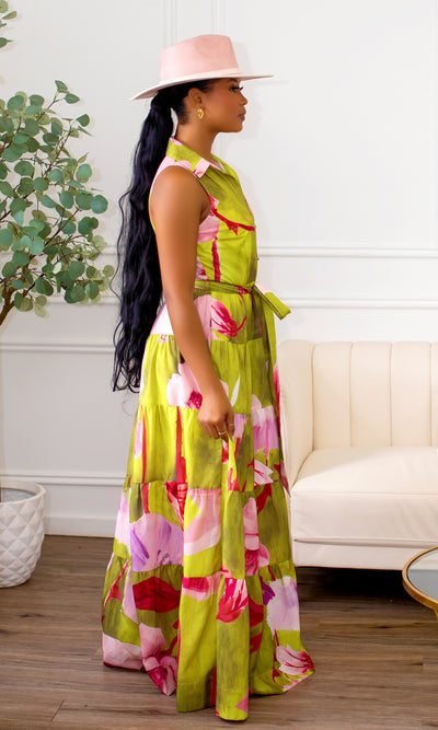 Astrid Floral Tiered Maxi Dress -Lime Multi - Cutely Covered