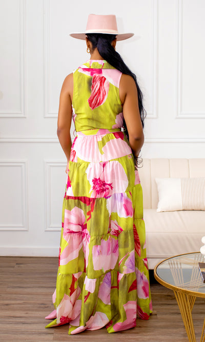 Astrid Floral Tiered Maxi Dress -Lime Multi - Cutely Covered