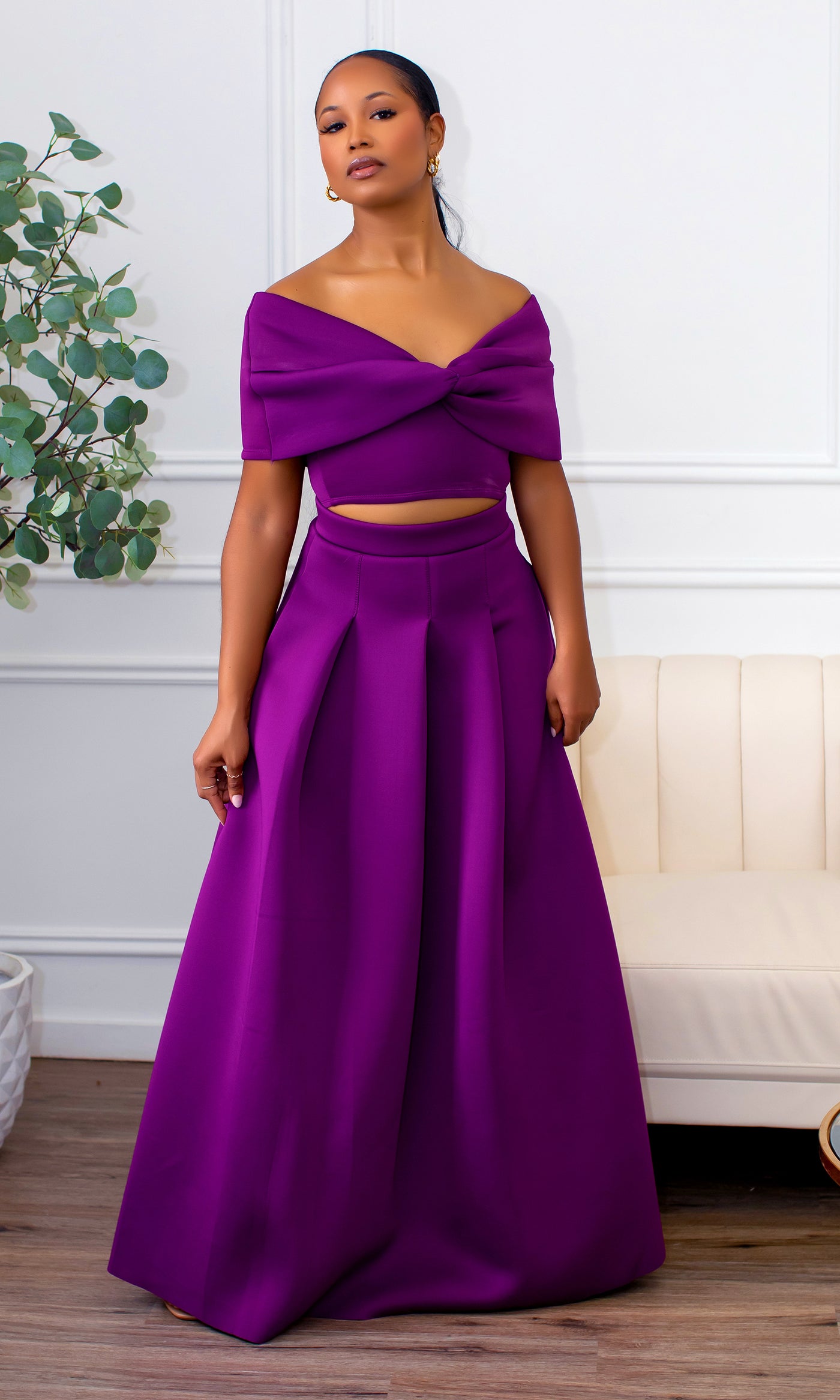 Veronica | Off The Shoulder Crop Skirt Set - Violet - Cutely Covered