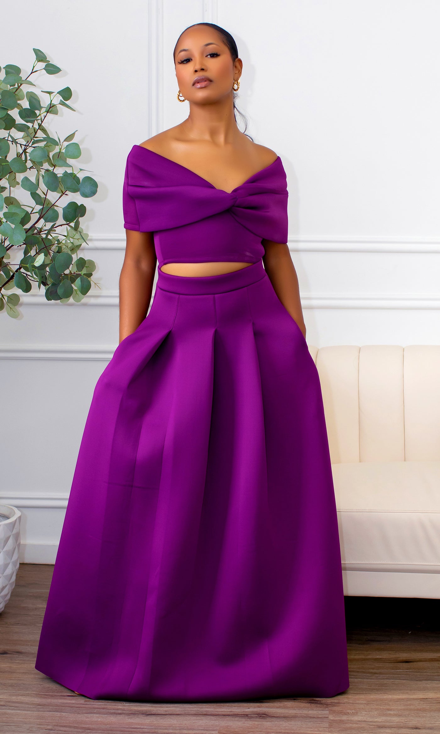 Veronica | Off The Shoulder Crop Skirt Set - Violet - Cutely Covered