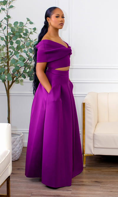 Veronica | Off The Shoulder Crop Skirt Set - Violet - Cutely Covered
