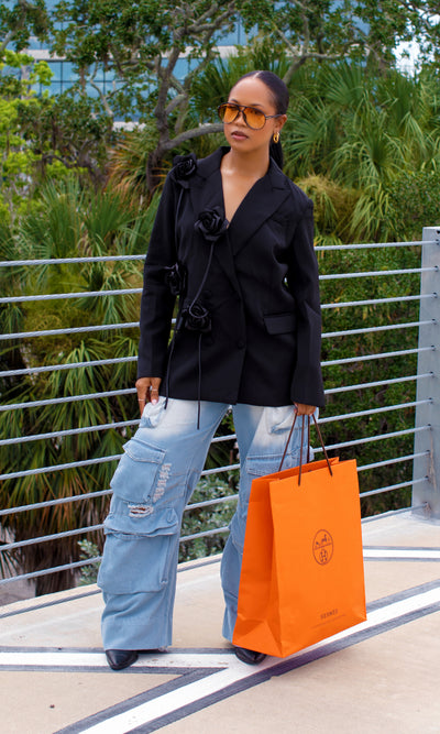 Madilyn Midnight Bloom Blazer with 3D Floral Appliqué - Cutely Covered