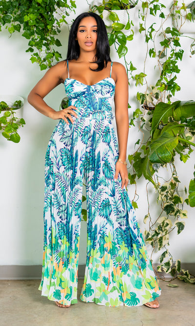 Tropical Palm Print Belted Jumpsuit - Cutely Covered