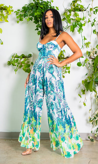 Tropical Palm Print Belted Jumpsuit - Cutely Covered