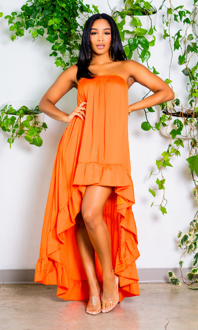 High Low Satin Dress -Orange - Cutely Covered