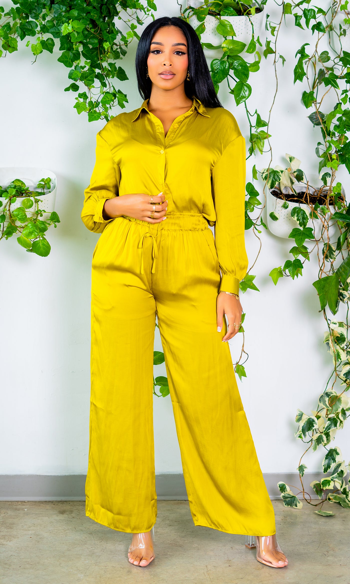 Chartreuse Satin Pants Set - Cutely Covered