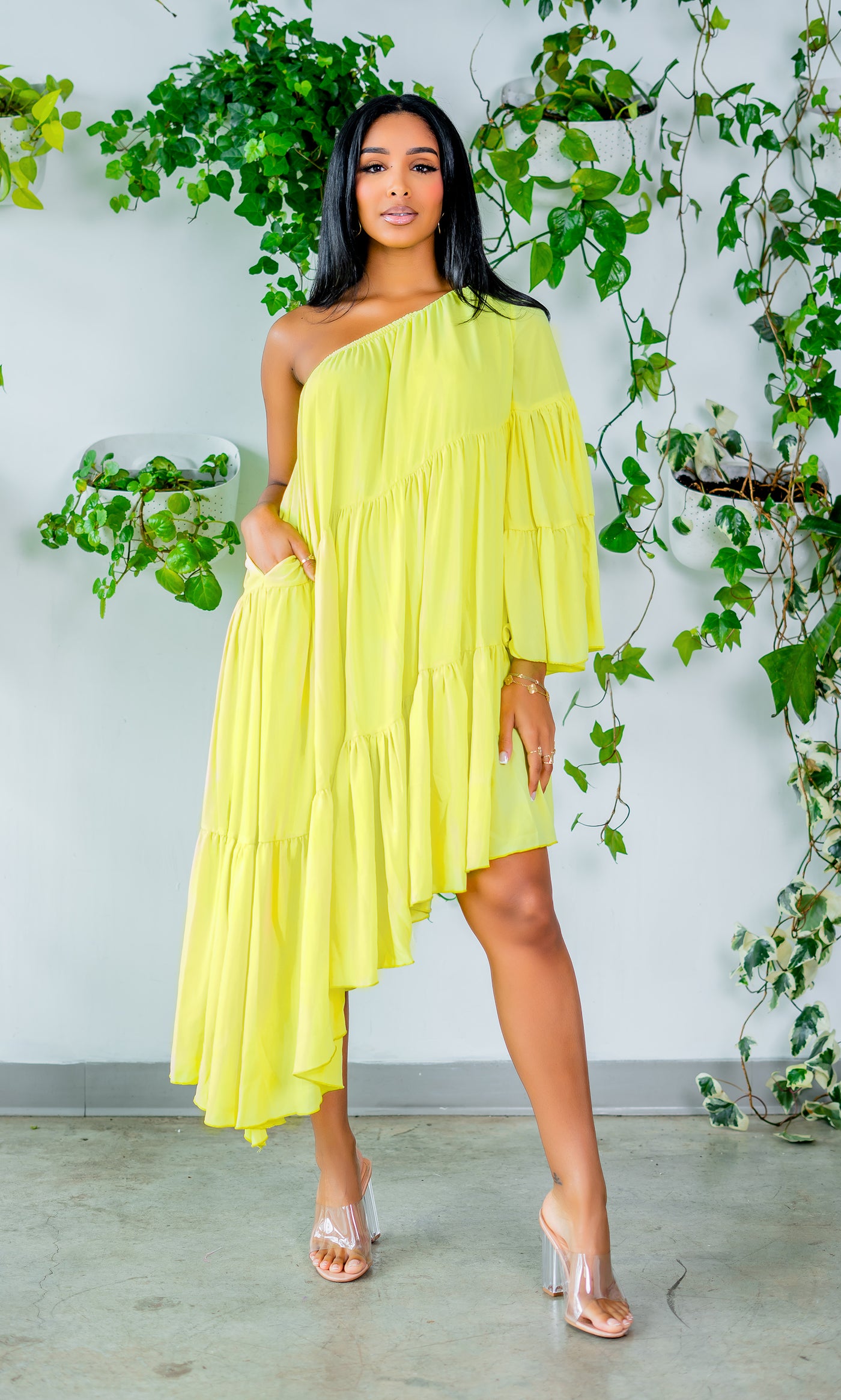 Asymmetrical One Sleeve Lime Dress PREORDER Ships Early May - Cutely Covered