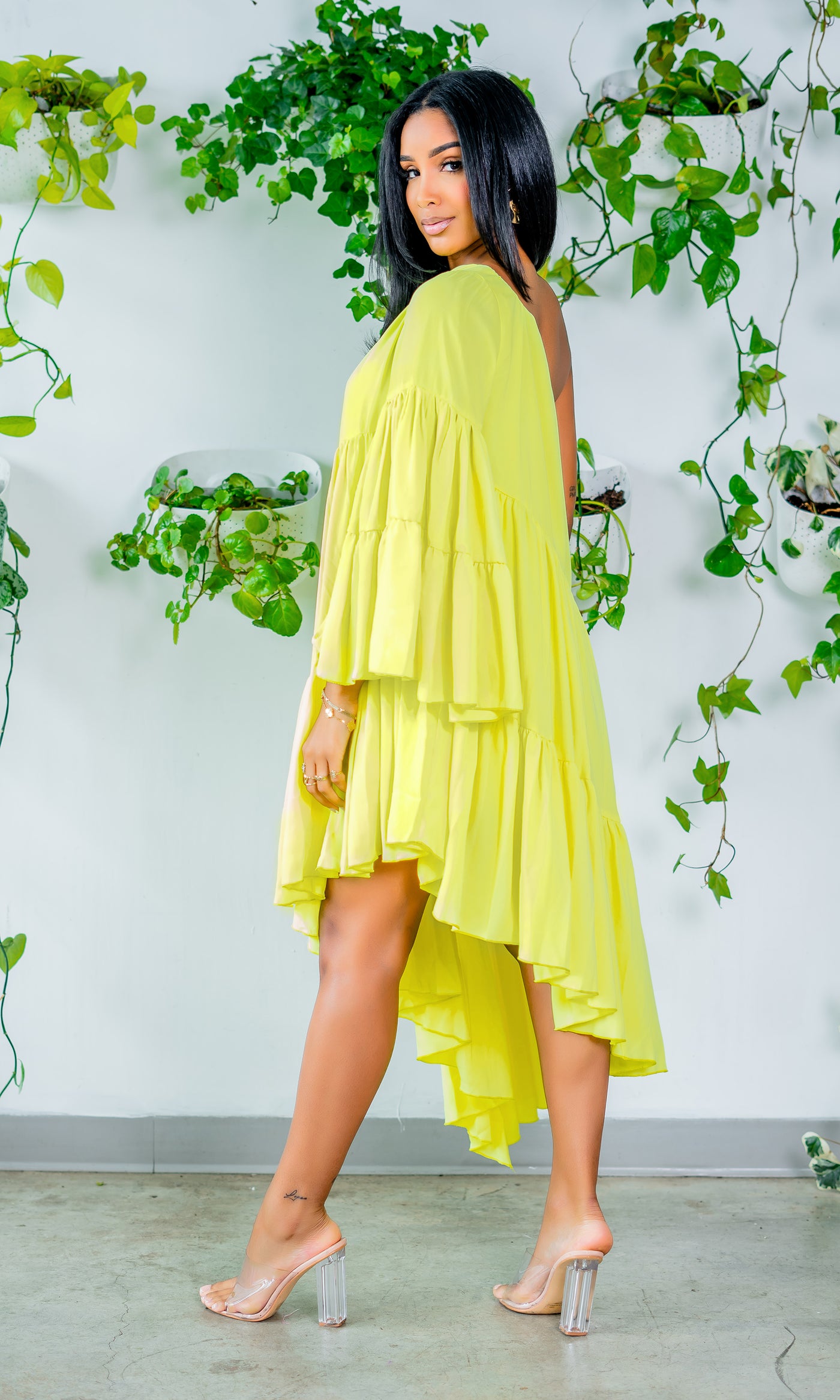 Asymmetrical One Sleeve Lime Dress PREORDER Ships Early May - Cutely Covered