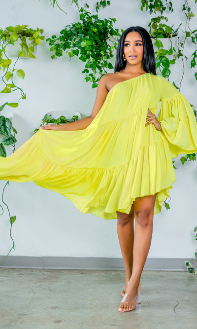 Asymmetrical One Sleeve Lime Dress PREORDER Ships Early May - Cutely Covered