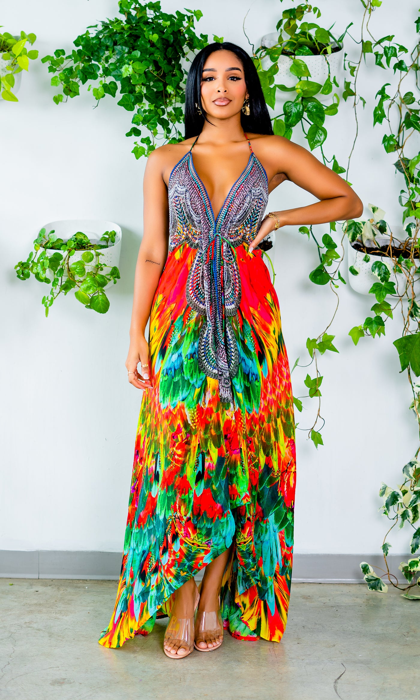 Macaw Viscose Silk Halter Dress - Cutely Covered