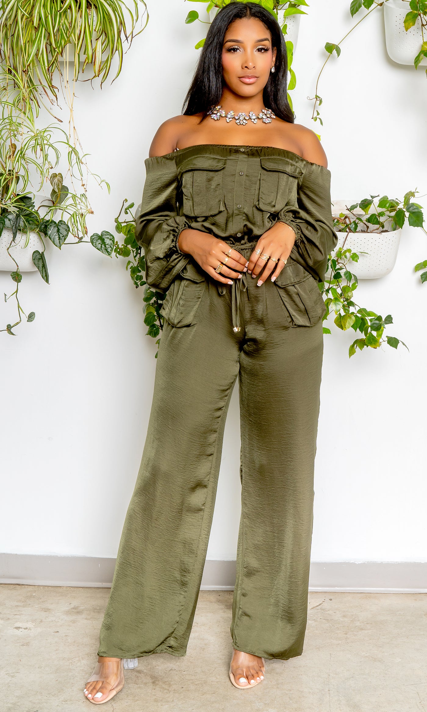 Off The Shoulder Cargo Jumpsuit - Olive - Cutely Covered