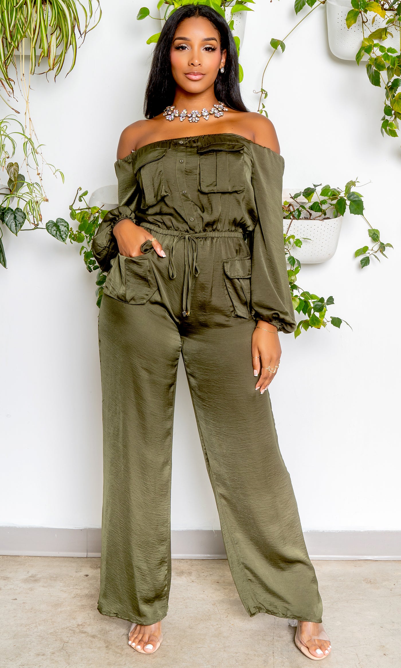 Off The Shoulder Cargo Jumpsuit - Olive - Cutely Covered
