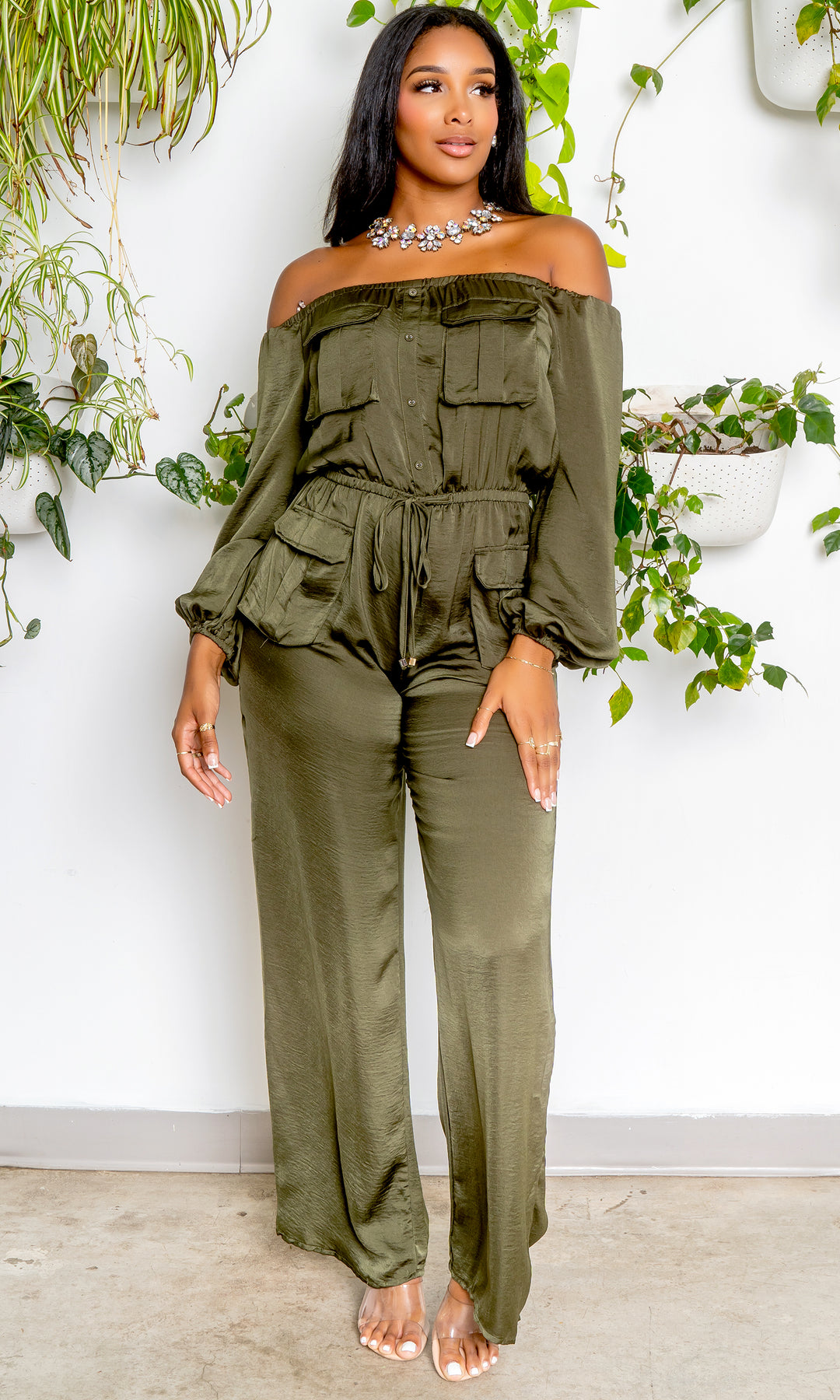 Off The Shoulder Cargo Jumpsuit - Olive FINAL SALE | Cutely Covered