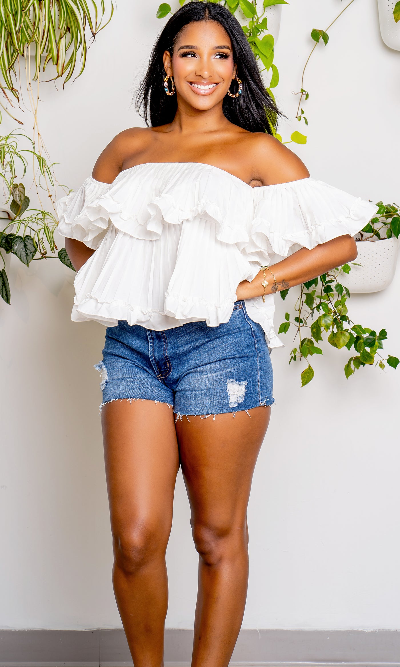 White Ruffle  off the shoulder Top - Cutely Covered