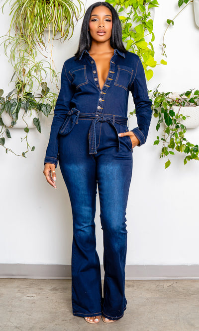 Long Sleeve Flared Denim Jumpsuit - Cutely Covered