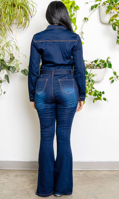 Long Sleeve Flared Denim Jumpsuit - Cutely Covered