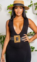 Stretch Straw Raffia Buckle Belt - Black - Cutely Covered