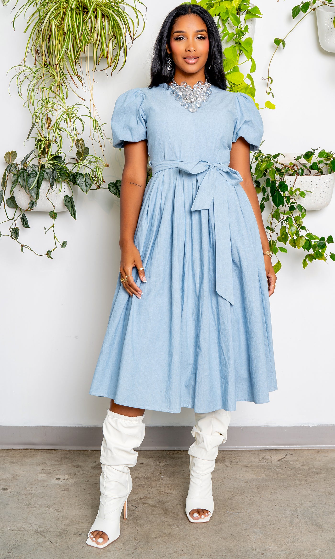 Buy Gap Puff Sleeve Square Neck Denim Midi Dress from the Gap online shop