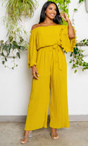 Off The Shoulder Pleated Chiffon Jumpsuit PREORDER Ships Mid September - Cutely Covered