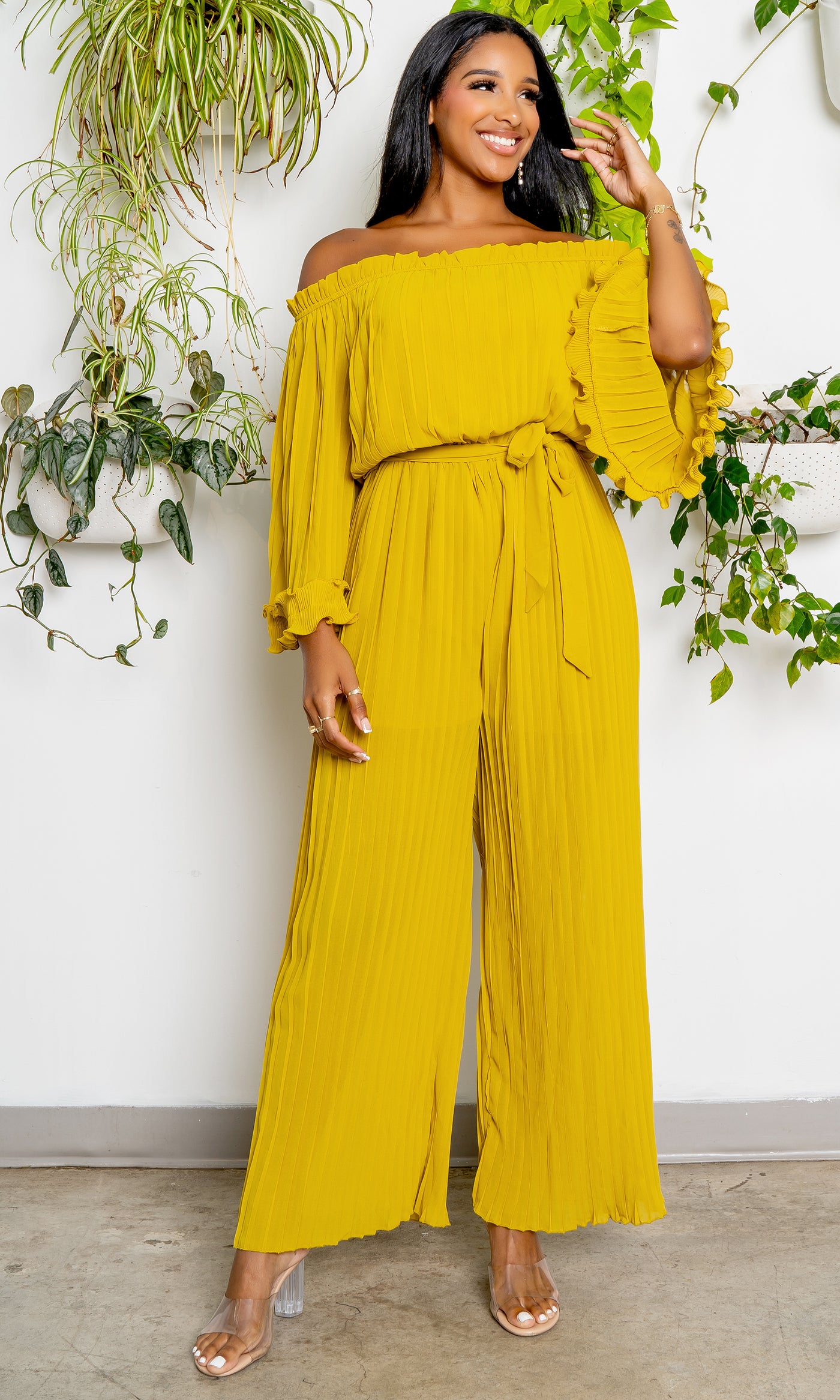 Off The Shoulder Pleated Chiffon Jumpsuit PREORDER Ships Mid September - Cutely Covered