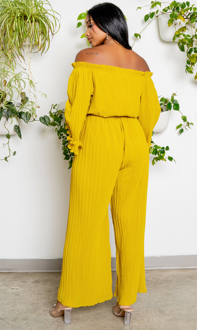 Off The Shoulder Pleated Chiffon Jumpsuit PREORDER Ships Mid September - Cutely Covered