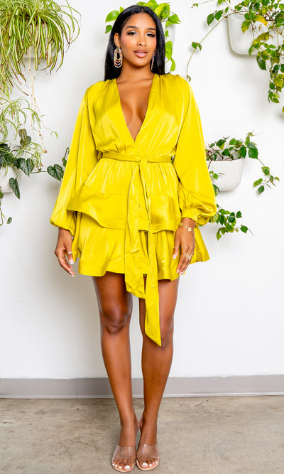 Chartreuse Tiered  Ruffle Dress - Cutely Covered