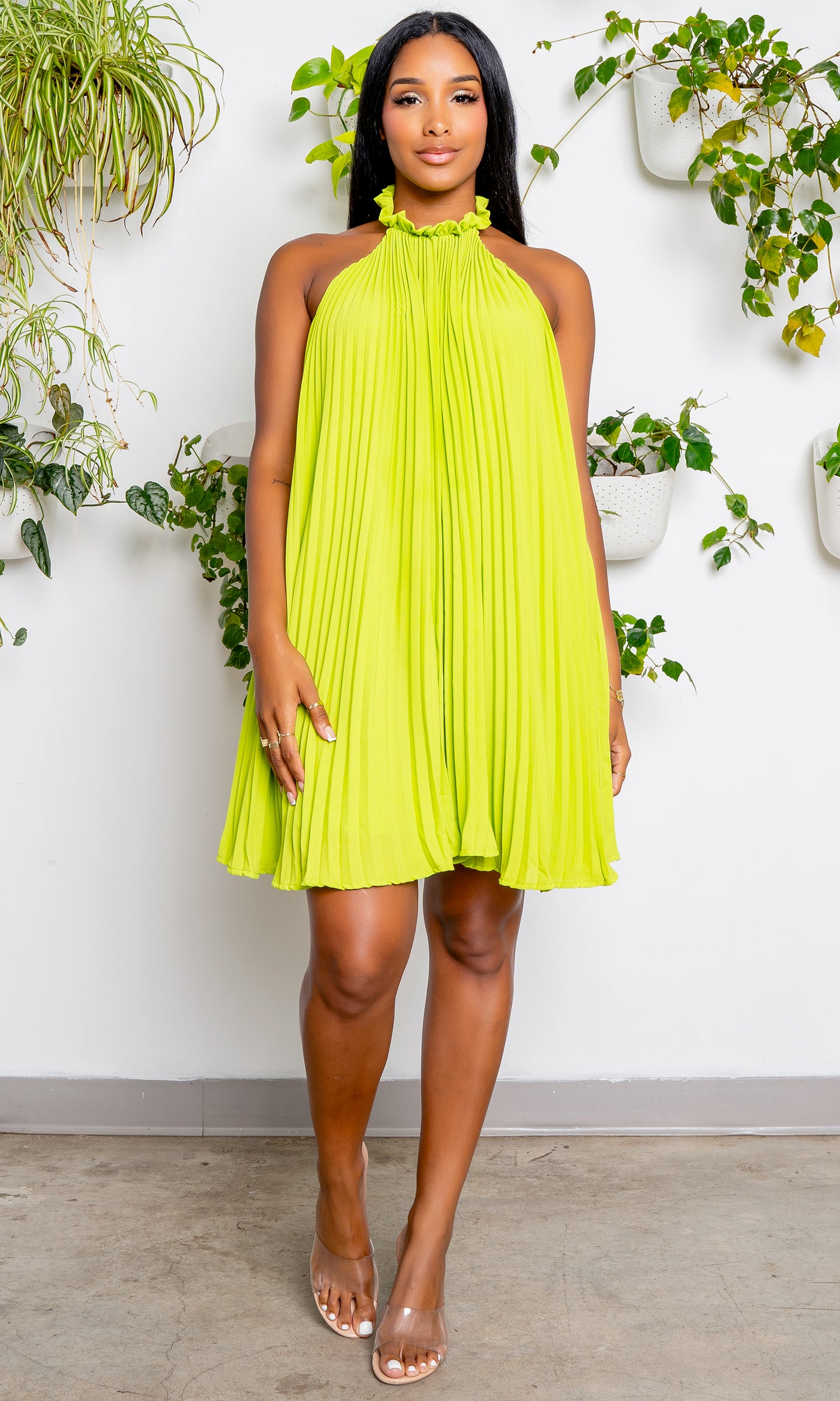Golden Hour | Pleated Halter Dress - Lime Punch - Cutely Covered
