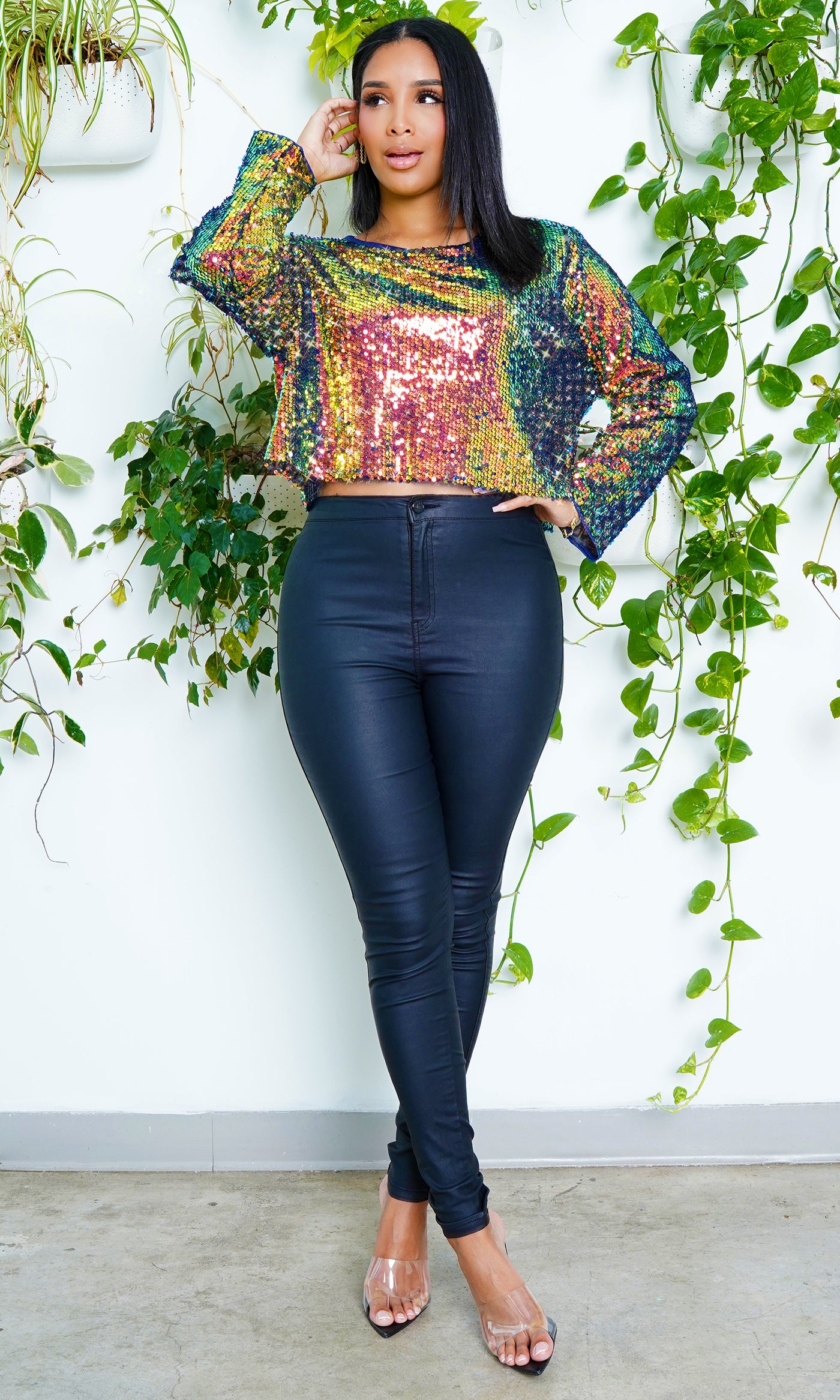 Metallic Sequin Bubble-Sleeve Top(Multicolored) - Cutely Covered