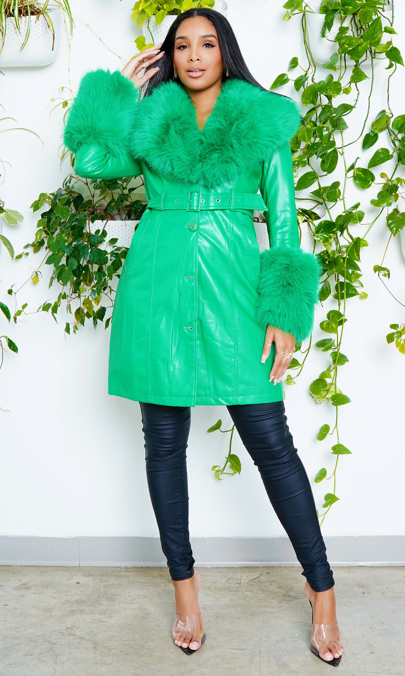 Winter Faux Fur Trench Coat(Bright Green)- It Is Show Time! - Cutely Covered