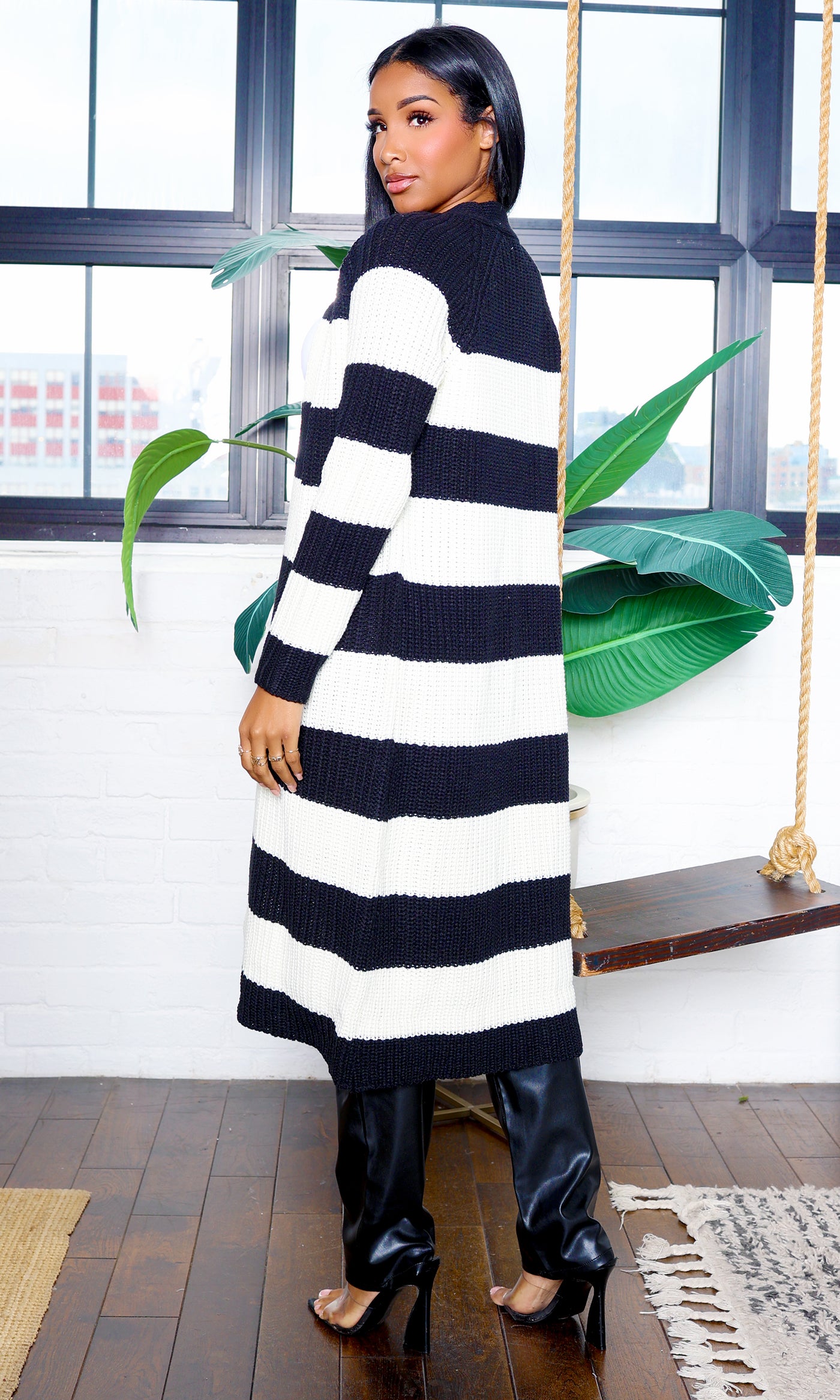 Kelly| Striped Knit Cardigan - Black/Ivory