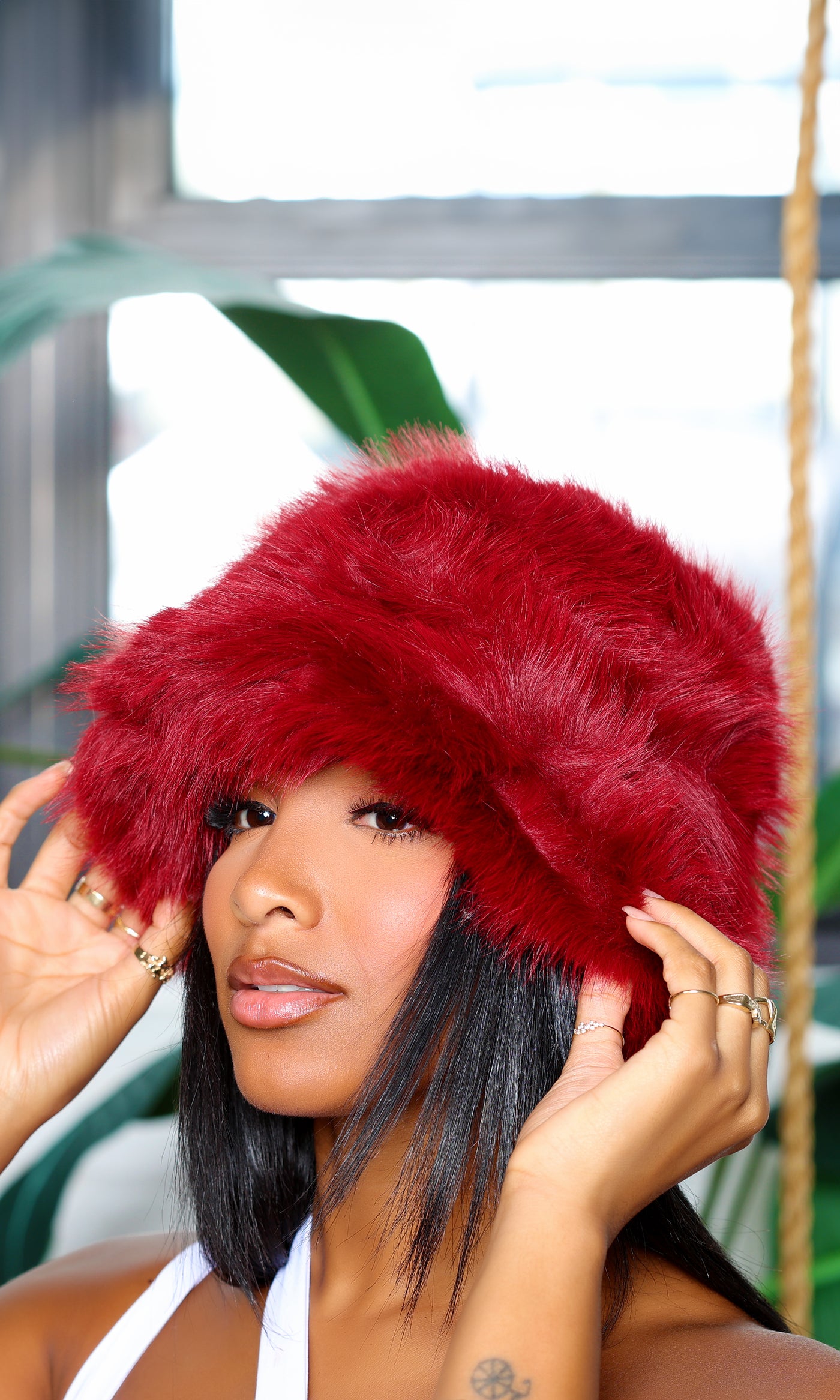 Faux Fur Hat - Burgundy