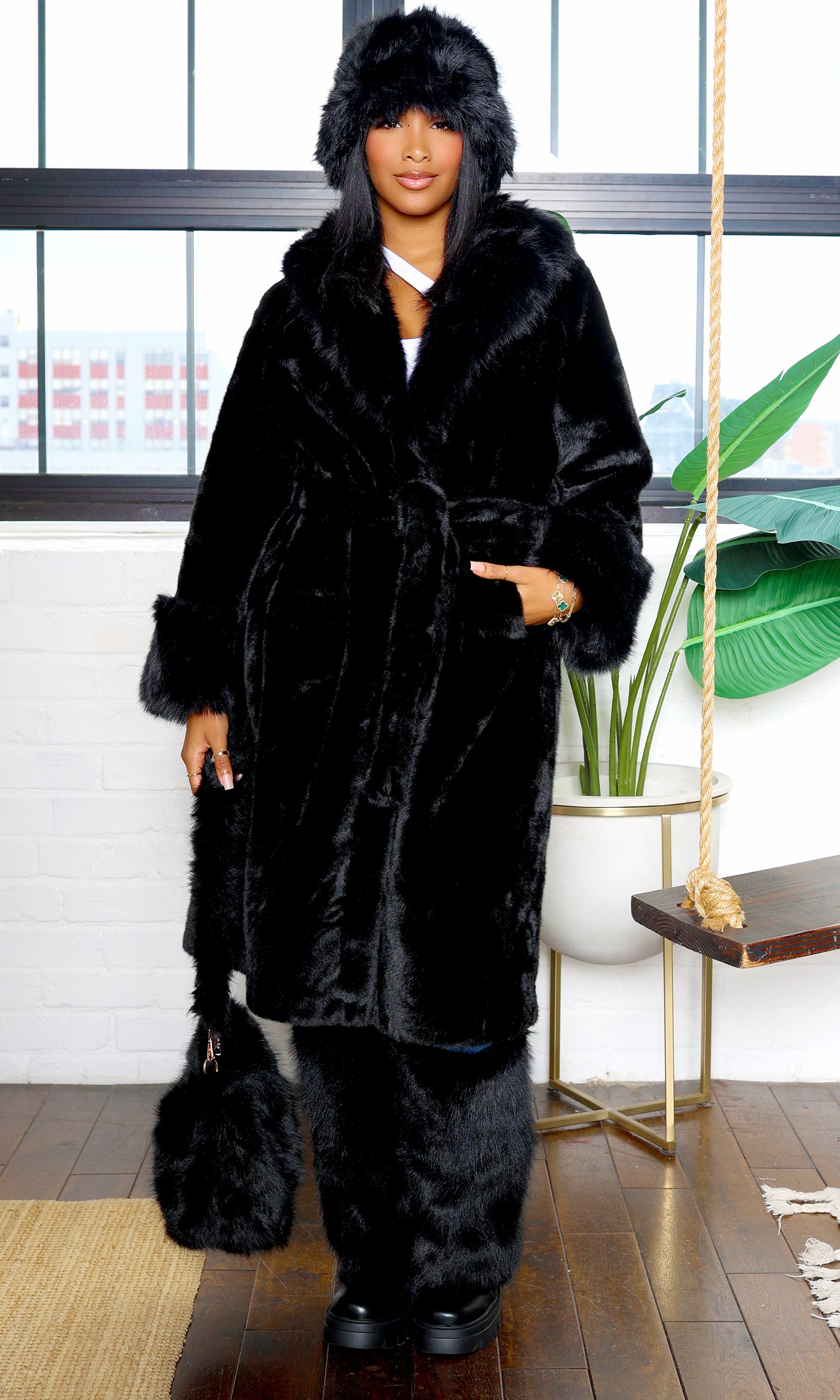 x Long Faux Fur Coat - Black, Small/Medium