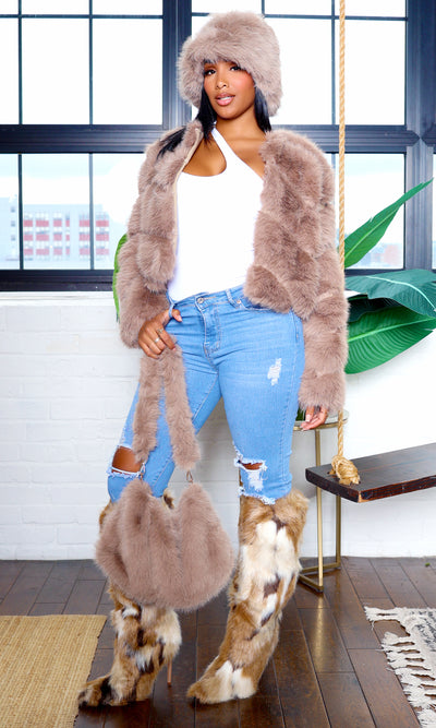 Faux Fur Zip Up Jacket - Taupe