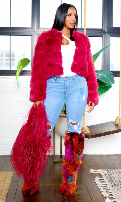 Faux Fur Zip Up Jacket  - Magenta