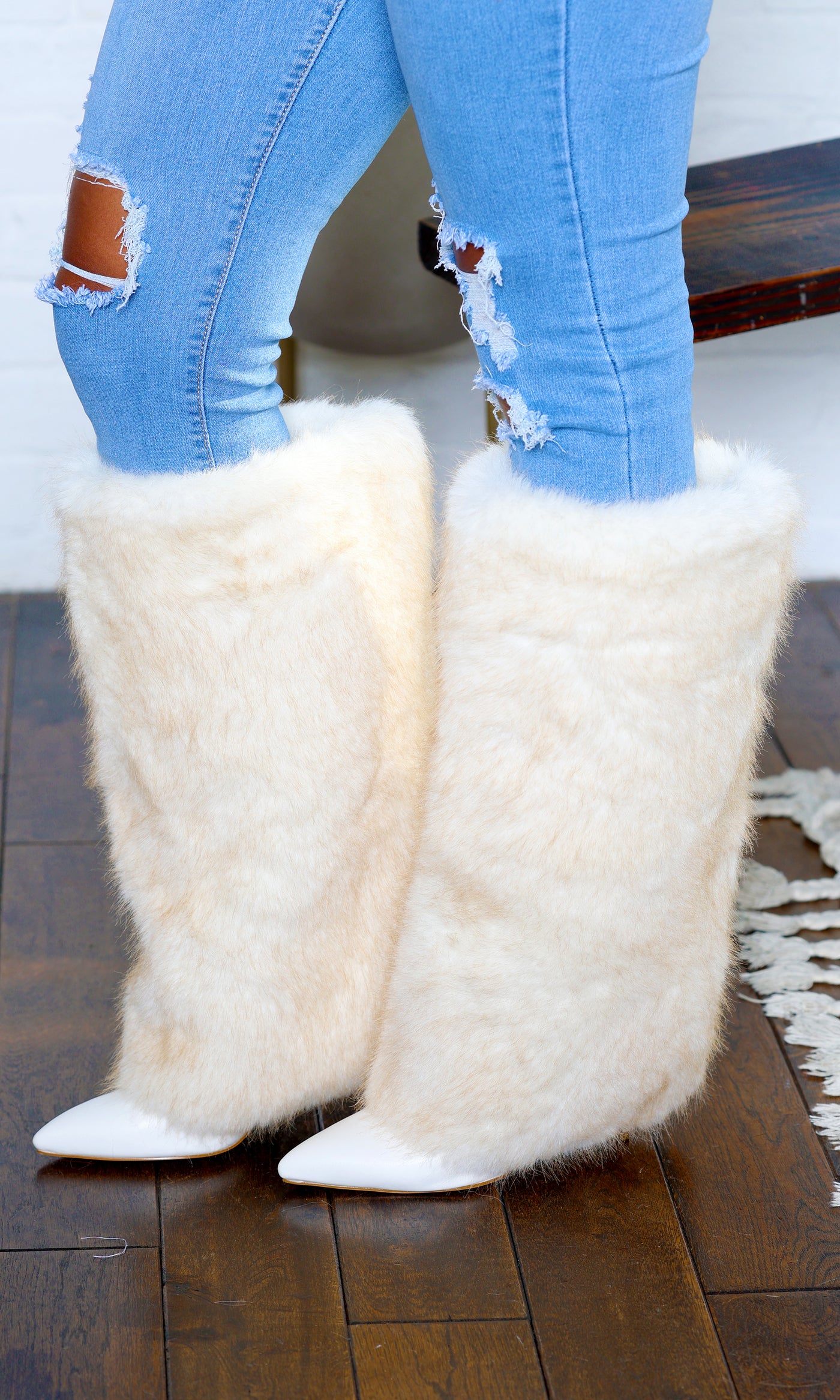 White Stiletto Faux Fur Boots