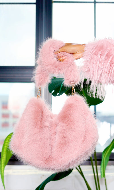 Faux Fur Shoulder Bag with Chain Strap - Skin Pink