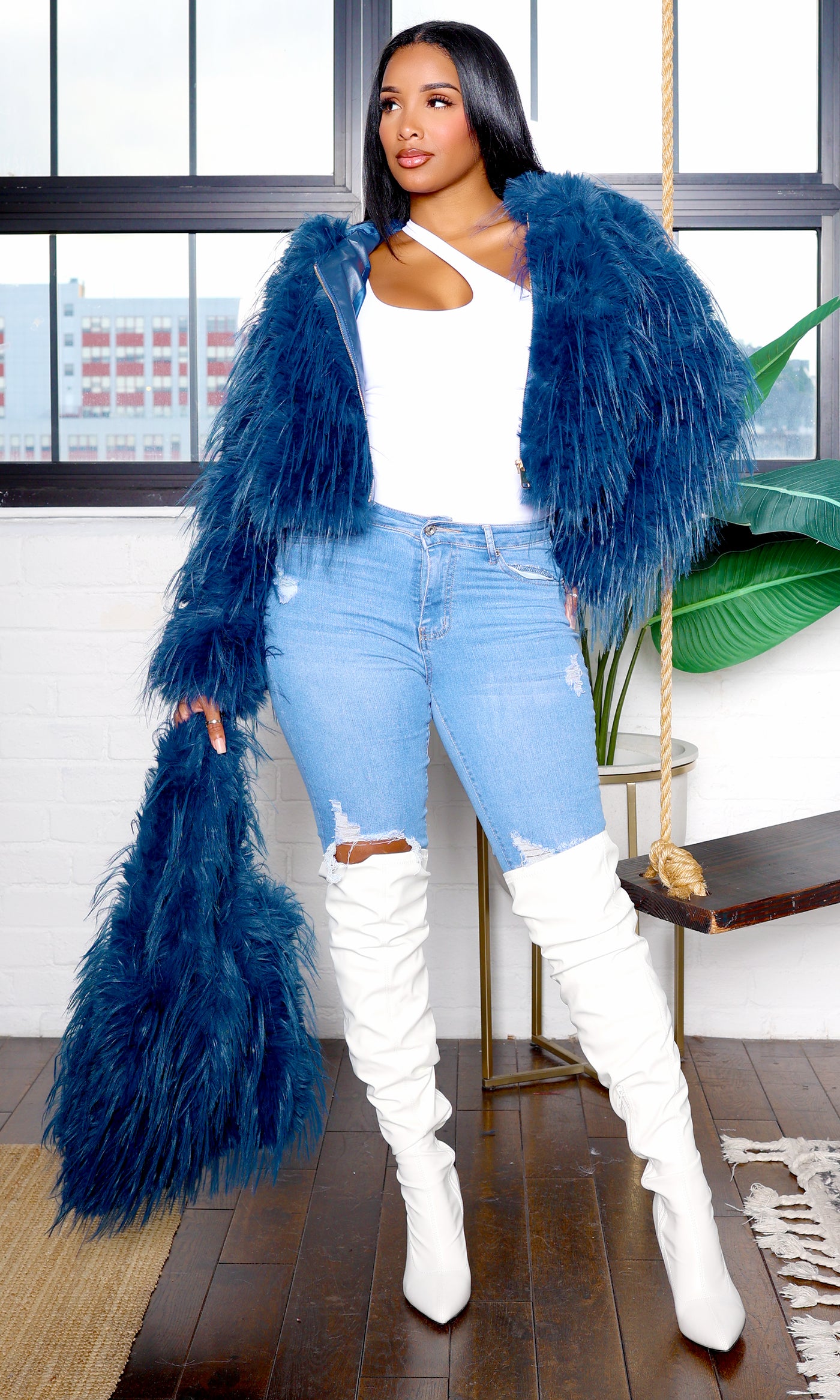 Phoebe | Luxe Faux Fur Hooded Jacket - Navy