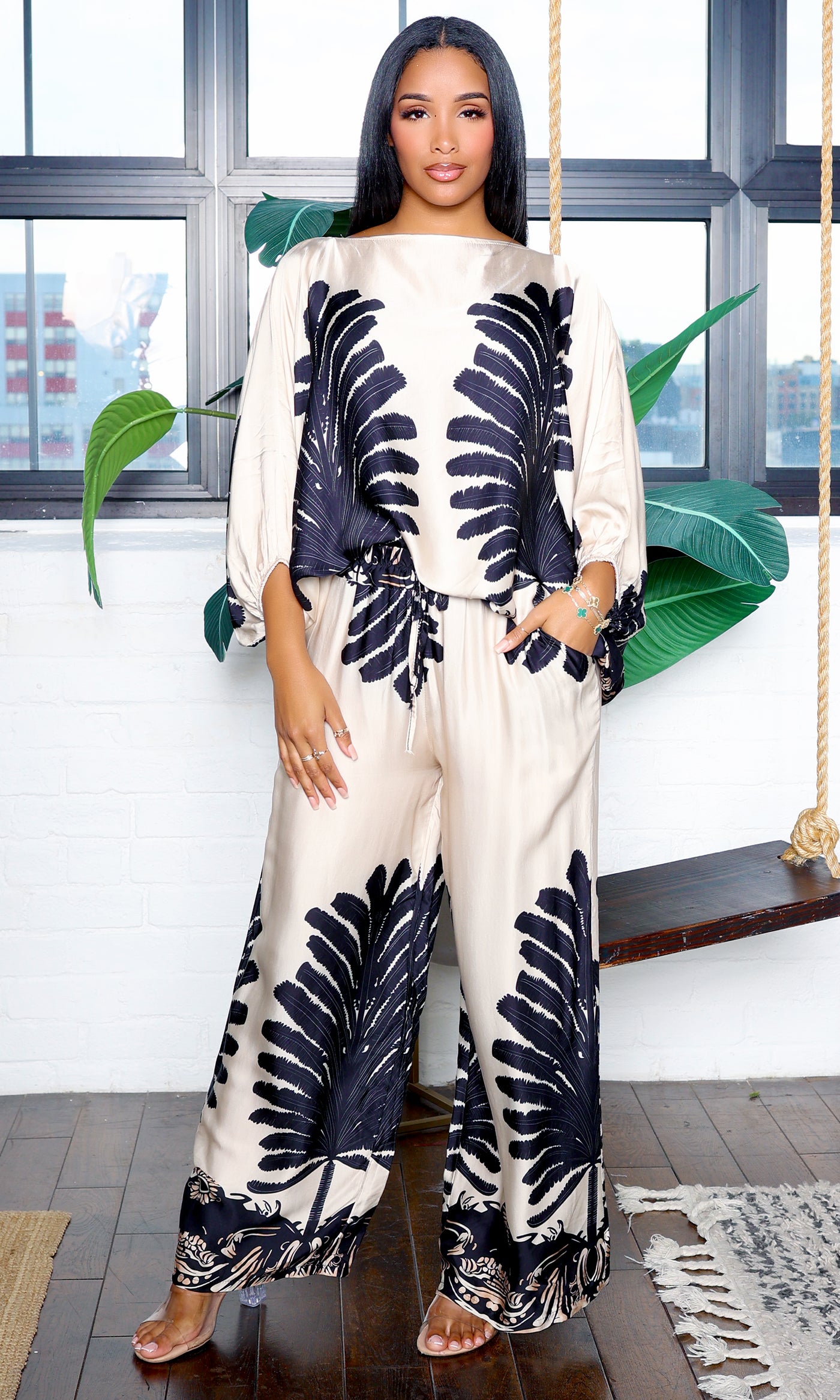 Amy | Long Sleeve Palm Tree Print Top and Pants Set