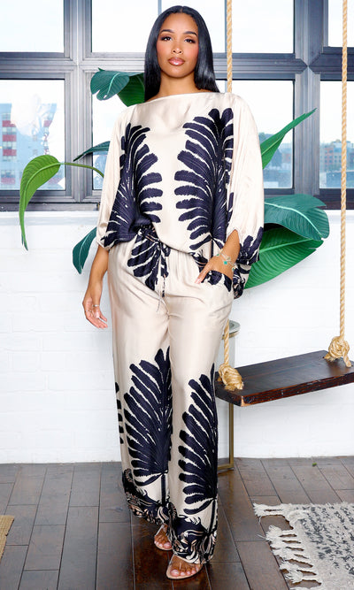 Amy | Long Sleeve Palm Tree Print Top and Pants Set