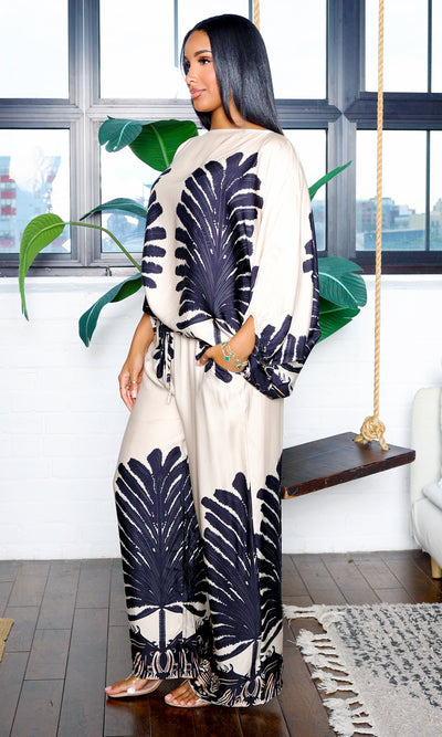 Amy | Long Sleeve Palm Tree Print Top and Pants Set