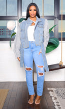 Alana | Knitted Sleeves Cropped Denim Jacket - Gray - Cutely Covered